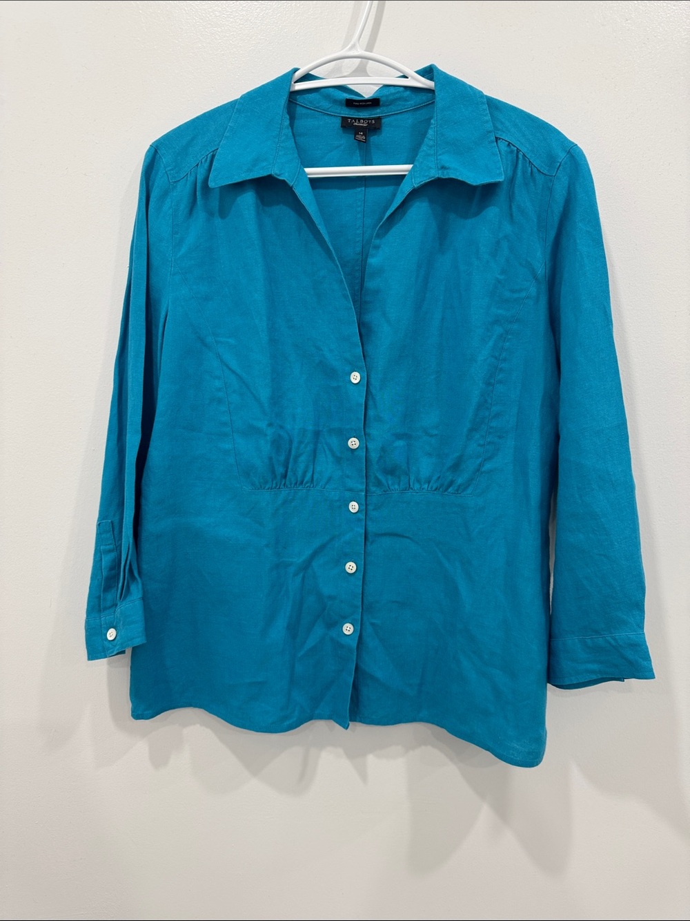 Talbots 100% Pure Irish Linen Shirt Blouse Size 14 Turquoise